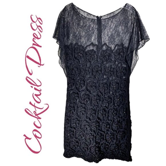 ELEGANT BLACK SHEER LACE COCKTAIL DRESS BEADED FLORAL DESIGN, SIZE XS - Picture 1 of 7